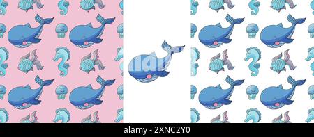 Legen Sie nahtlose Muster für die Marine fest. Wale und ihre Freunde. Muster in Handzeichnung, erstellt für Stoffe, Textilien, Geschenkpapier, Verpackungen, usw. Stock Vektor
