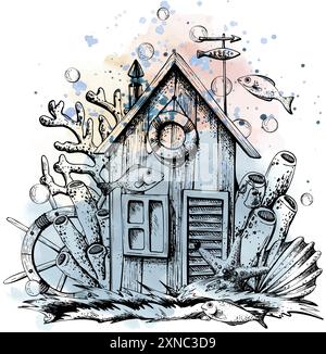 Fischerkabine auf dem Gras mit einem Schiffsrad, Seesternen, Muscheln, Korallen, Blasen und Fischen. Handgezeichnete Illustration in Grafiken. EPS-Vektor Stock Vektor