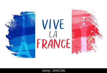 Vive-la-France-Schriftzug auf Grunge-Bürstenfahne. Übersetzung - lange lebe Frankreich. Text, Flagge, Effel-Turm und Silhouette der colonne de Juillet. Vektor Stock Vektor