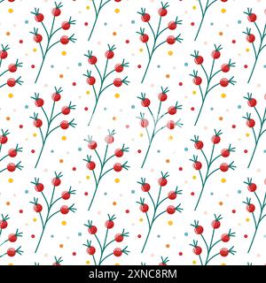 Nahtloses Wintermuster mit roten Beeren von rowan und in flachem Stil. Herbstdesign für Postkarten, Papierdruck, Textilien. Vektorabbildung auf A Stock Vektor