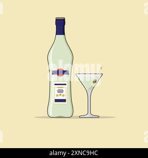 Martini-Flasche mit einem Glas auf Hintergrund, flache Design-Vektor-Illustration. Stock Vektor