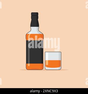 Whiskey-Flasche mit Glas auf Hintergrund, flache Design-Vektor-Illustration. Stock Vektor