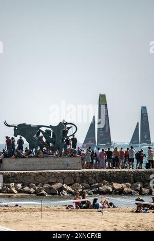 Die Zuschauer beobachten die Vorregatta des 37. America's Cup. Katalonien - Spanien. LOUIS VUITTON 37TH AMERICA'S CUP BARCELONA ©PAUL TODD/OUTSIDEIMAGES Stockfoto