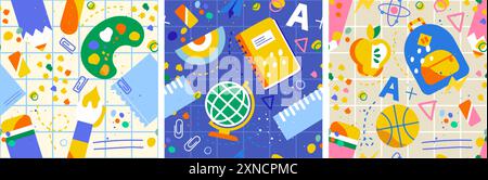 Zurück zur Schule! Sammlung von 3 nahtlosen Mustern. Einfaches, helles, kindliches Design mit Schulutensilien. Ideal für Verpackungen, Büroprodukte und Notebooks Stock Vektor