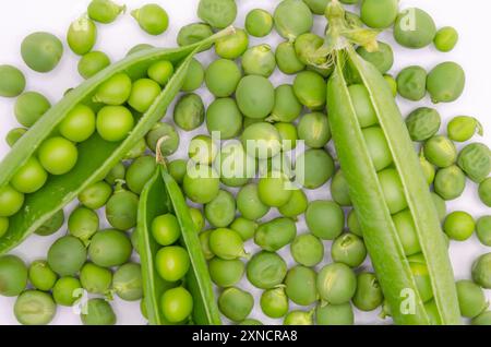 Bio-Erbsen und offene Erbsenschoten auf weißem Hintergrund Stockfoto