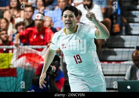 TOKUDA Shinnosuke von Japan feiert während des Handballspiels zwischen Spanien und Japan, den Olympischen Spielen Paris 2024 am 31. Juli 2024 in der South Paris Arena 6 in Paris, Frankreich Stockfoto