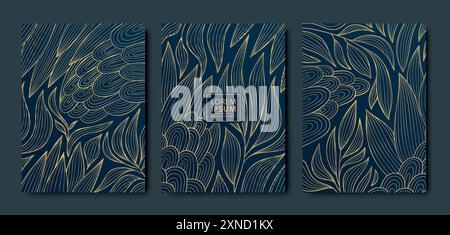 Vektorsatz von goldenen Blumen, Blättern, Beeren Hintergrund. Luxuriöses dunkles Muster, elegante Hochzeitseinladungen, Spa-Rahmen. Geburtstagsgruß, Box, Menü Stock Vektor