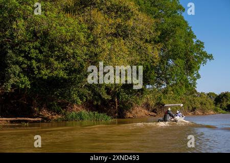 Touristen auf der Suche nach dem jaguar, der größten südamerikanischen Katze, Meeting of Waters Park, Pantanal von Mato Grosso, Brasilien Stockfoto