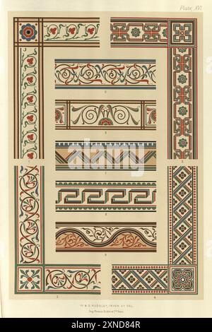 Raffinierte Blumenmuster, viktorianische dekorative Kunst und Design, Gravur, polychromatische Dekoration im mittelalterlichen Stil, W & G Audsley, Platte 16 Stockfoto