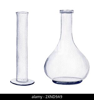 Arzneikolben und -Becher. Hand gezeichnete Aquarellillustration isoliert auf weißem Hintergrund für Design, Logos, Karten, Geschäft, medizinische Artikel, Textb Stockfoto