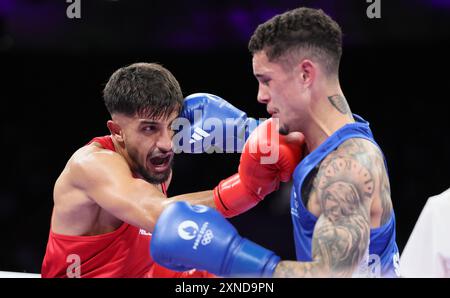 Paris, Frankreich. 31. Juli 2024. Der belgische Boxer Vasile Usturoi wurde am Mittwoch, den 31. Juli 2024, in Paris, Frankreich, während eines Boxkampfes zwischen Australian Senior und Belgisch Usturoi im Achtelfinale der 57-kg-Kategorie der Männer bei den Olympischen Spielen 2024 in Paris, gezeigt. Die Spiele der XXXIII. Olympiade finden vom 26. Juli bis 11. August in Paris statt. Die belgische Delegation zählt 165 Athleten, die in 21 Sportarten antreten. BELGA FOTO BENOIT DOPPAGNE Credit: Belga News Agency/Alamy Live News Stockfoto