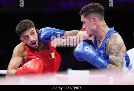 Paris, Frankreich. 31. Juli 2024. Der belgische Boxer Vasile Usturoi wurde am Mittwoch, den 31. Juli 2024, in Paris, Frankreich, während eines Boxkampfes zwischen Australian Senior und Belgisch Usturoi im Achtelfinale der 57-kg-Kategorie der Männer bei den Olympischen Spielen 2024 in Paris, gezeigt. Die Spiele der XXXIII. Olympiade finden vom 26. Juli bis 11. August in Paris statt. Die belgische Delegation zählt 165 Athleten, die in 21 Sportarten antreten. BELGA FOTO BENOIT DOPPAGNE Credit: Belga News Agency/Alamy Live News Stockfoto