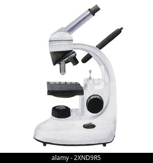 Aquarellmikroskop. Hand gezeichnete Illustration isoliert auf weißem Hintergrund für Design, Logos, Karten, Geschäft, medizinische Artikel, Lehrbücher, Umhüllung Stockfoto