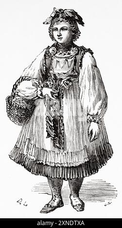 Frau in traditioneller Tracht Bayerns, Deutschland. Zeichnung von Dieudonne Lancelot (1823-1895) Reise von Paris nach Bukarest, 1860 von Victor Duruy (1811-1894) Le Tour du Monde 1862 Stockfoto