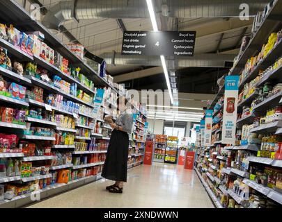 Junge Frau Teenager untersucht Zutaten und Preis von Tee im Supermarktgang und betrachtet Produkte Pakete Dosen in Regalen UK 2024 KATHY DEWITT Stockfoto