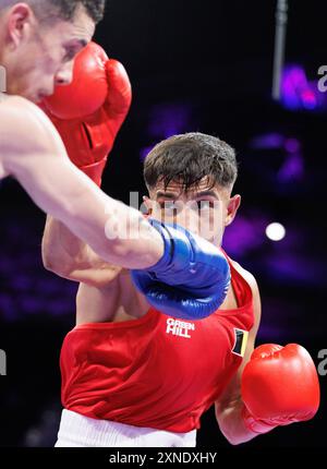 Paris, Frankreich. 31. Juli 2024. Der belgische Boxer Vasile Ustulroi wurde am Mittwoch, 31. Juli 2024 in Paris, Frankreich, während eines Boxkampfes zwischen australischem Senior und belgischem Usturoi, dem Achtelfinale der 57-kg-Kategorie der Männer bei den Olympischen Spielen 2024, dargestellt. Die Spiele der XXXIII. Olympiade finden vom 26. Juli bis 11. August in Paris statt. Die belgische Delegation zählt 165 Athleten, die in 21 Sportarten antreten. BELGA FOTO BENOIT DOPPAGNE Credit: Belga News Agency/Alamy Live News Stockfoto