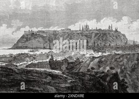 Blick auf Tobolsk am Zusammenfluss der Flüsse Tobol und Irtysch. Oblast Tyumen, Russland. Zeichnung von Claude Durand-Berger. Von kiew nach Beresow, Erinnerungen an ein Exil in Sibirien, 1839 von Ewa Felinska (1793-1859) Le Tour du Monde 1862 Stockfoto