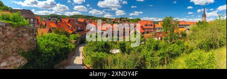 Panoramablick auf Wernigerode mit markanten roten Dächern und üppigen Harzvorbergen, Deutschland Stockfoto