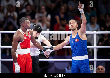 Paris, Frankrig. 31. Juli 2024. Nikolai Terteryan, Dänemark, gewinnt mit 71 kg gegen Makan Traore, Frankreich. Kurs bei den Olympischen Spielen in Paris Mittwoch, 31. Juli 2024. (Foto: Mads Claus Rasmussen/Ritzau Scanpix) Credit: Ritzau/Alamy Live News Stockfoto