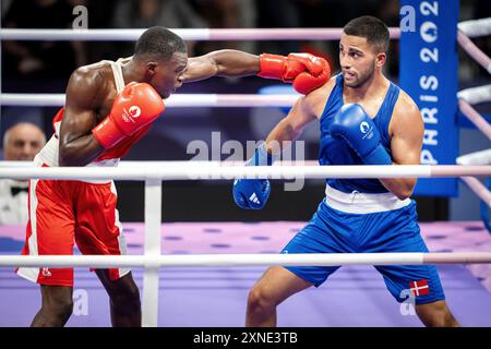 Paris, Frankrig. 31. Juli 2024. Nikolai Terteryan, Dänemark spielt gegen Makan Traore, Frankreich, in den 71 kg. Kurs bei den Olympischen Spielen in Paris Mittwoch, 31. Juli 2024. (Foto: Mads Claus Rasmussen/Ritzau Scanpix) Credit: Ritzau/Alamy Live News Stockfoto