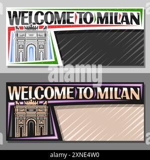 Vektorbanner für Mailand mit Kopierraum, horizontales Layout mit Umrissillustration von mailand arco della Pace im parco sempione auf Himmelshintergrund, Kunst Stock Vektor