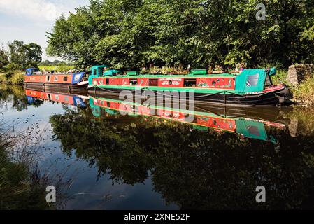 Farbenfrohe Schmalboote Billy Whizz (links) und Wildflower (rechts), Leeds & Liverpool Canal in der Nähe von Gargrave 1. August 2024 Stockfoto