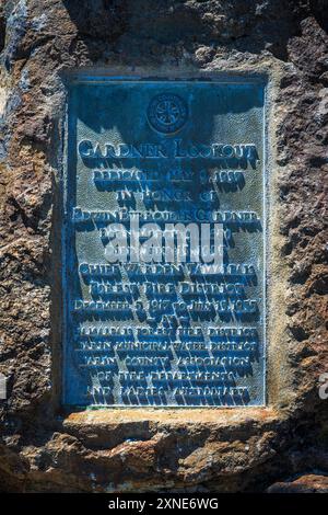 Gardner Lookout-Gedenktafel am Mount Tamalpais, Mount Tamalpais State Park, Kalifornien, USA Stockfoto