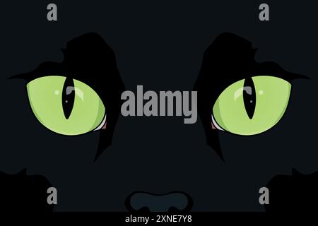 Schwarzes Katzengesicht in Nahaufnahme. Katzenaugen. Schwarze Katze mit grünen Augen. Vektorabbildung Stock Vektor