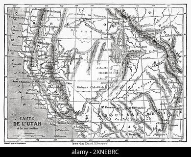 Alte Karte von Utah. Vereinigte Staaten von Amerika. Reise in die Stadt der Heiligen, 1860. Hauptstadt des Landes der Mormonen von Richard Francis Burton (1821–1890) Le Tour du Monde 1862 Stockfoto