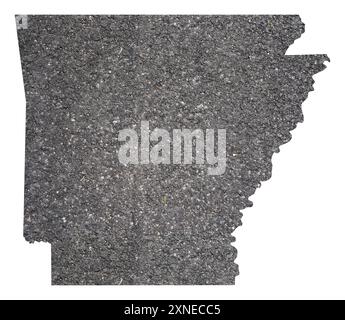 Symbolkarte des Bundesstaates Arkansas (USA), die die Umrisse des Bundesstaates als Asphaltfläche zeigt Stockfoto