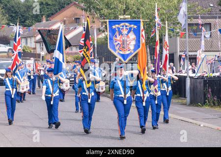 Ballyclare, Nordirland - 27. August 2022: Crumlin Old Boys Flöte Band Colour Party, Royal Black Institution am vergangenen Samstag jährliche Parade. Stockfoto