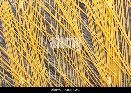 Nudelspaghetti auf Holzhintergrund von oben Stockfoto