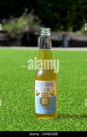 Geöffnete Flasche gekühltes Corona Zero Alcolhol Lagerbier auf Gras im Garten. Keine Personen. Alkoholabstinenzkonzept. Stockfoto