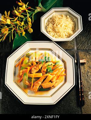 Stillleben. Chinesisches Essen. Hühnchen mit Ingwer und Nudeln. Stockfoto