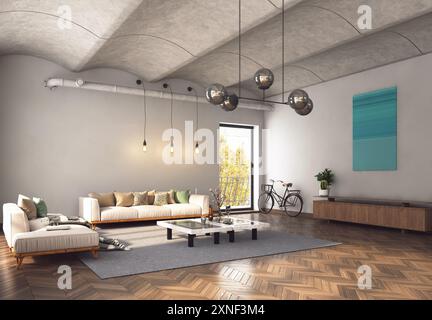 Das Bild zeigt ein modernes Wohnzimmer mit minimalistischer Einrichtung, geräumigem Layout, großen Fenstern und viel Tageslicht. 3D-Rendering Stockfoto