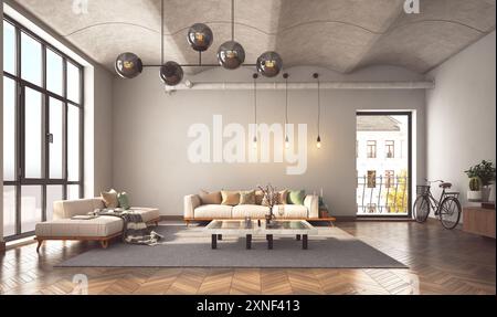 Das Bild zeigt ein modernes Wohnzimmer mit minimalistischer Einrichtung, geräumigem Layout, großen Fenstern und viel Tageslicht. 3D-Rendering Stockfoto