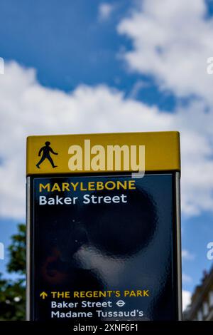 Marylebone Baker Street Wayfinding Schild, City of Westminster, London, England, Großbritannien Stockfoto