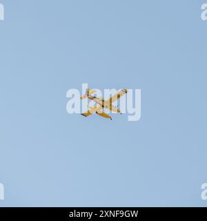 Löschflugzeug, das durch einen Waldbrand in eine große Rauchwolke fliegt Stockfoto