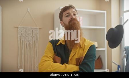 Ein hübscher rothaariger Mann mit Bart steht mit überkreuzten Armen in einem Schneiderladen und strahlt Selbstvertrauen aus. Stockfoto