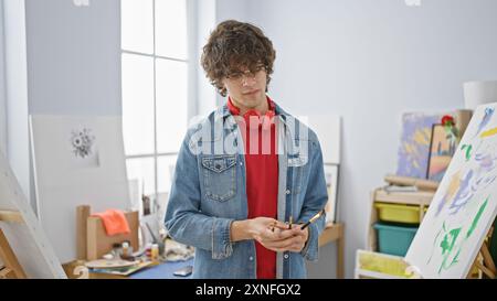 Ein trendiger junger Mann mit lockigen Haaren und Brille, der in einem Kunststudio steht und ein Smartphone hält. Stockfoto