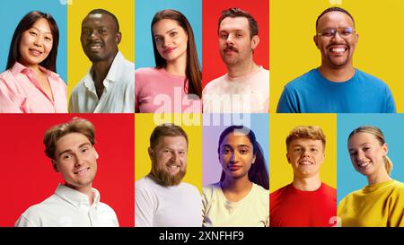 Collage aus Porträts verschiedener Menschen, Männer und Frauen unterschiedlicher Nationalitäten, die vor vielfarbigem Hintergrund posieren. Stockfoto