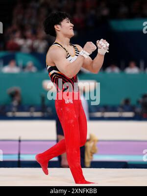 Japans Shinnosuke Oka beim Allround-Finale der Männer in der Bercy Arena am fünften Tag der Olympischen Spiele 2024 in Frankreich. Bilddatum: Mittwoch, 31. Juli 2024. Stockfoto