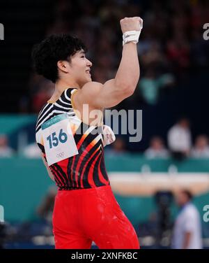 Japans Shinnosuke Oka beim Allround-Finale der Männer in der Bercy Arena am fünften Tag der Olympischen Spiele 2024 in Frankreich. Bilddatum: Mittwoch, 31. Juli 2024. Stockfoto