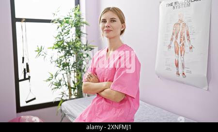 Selbstbewusste Frau in rosa Peelings, die mit gekreuzten Armen in einer Klinik mit muskulärem System an der Wand steht. Stockfoto