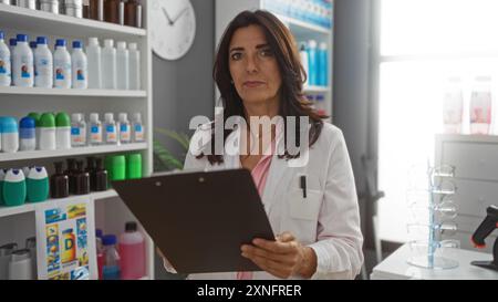 Eine Frau mittleren Alters in einer Apotheke überprüft den Bestand auf einem Klemmbrett, umgeben von Regalen mit medizinischen und Gesundheitsprodukten Stockfoto