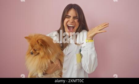 Lächelnde junge Frau in einem weißen Mantel, die einen pommerschen Hund vor rosa Hintergrund hält Stockfoto