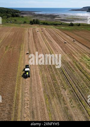 Garlieston, Wigtownshire, Schottland, Großbritannien - Mittwoch, 31. Juli 2024 – Luftaufnahme von Landwirten, die an einem sonnigen warmen Tag Weizenstängel für die Strohernte in den Feldern der ländlichen Küstenregion Dumfries & Galloway ballen – die lokalen Temperaturen erreichten 22c mit Regenvorhersage für Freitag – Foto Steven May / Alamy Live News Stockfoto