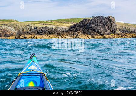 Ein Seekajak in den Gezeitenrennen von Rhoscolyn Beacon vor Anglesey, Nordwales Stockfoto