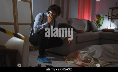 Junger hispanischer Detektiv, der am Tatort in Innenräumen mit Körper und Blut telefoniert. Stockfoto