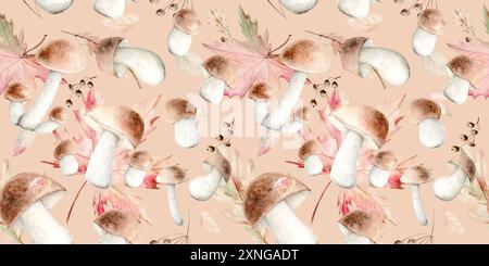Waldpilze, Beeren und Herbst hinterlassen nahtloses Aquarellmuster auf farbigem Hintergrund. Das Muster ist handgezeichnet. Geeignet für Karten, Verpackungen, Einladungen und Textilien. Stockfoto